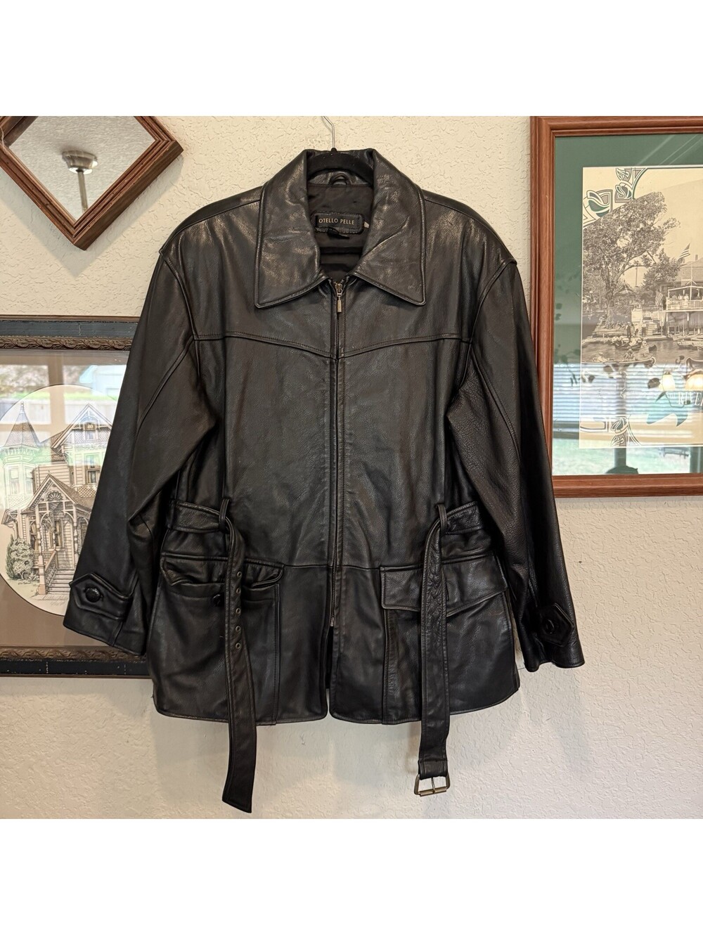 Vintage 90s Otello Pelle Black Designer Longline Coat Jacket With Belt Sz Large